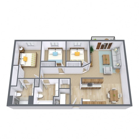 Floor plan for 3 beds, 1.8 baths, 1045 sqft
